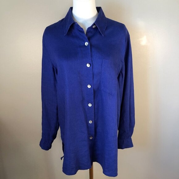 Chico's Tops - Chico's 100% Linen Button Front Long Sleeve Blue Tunic Size 1